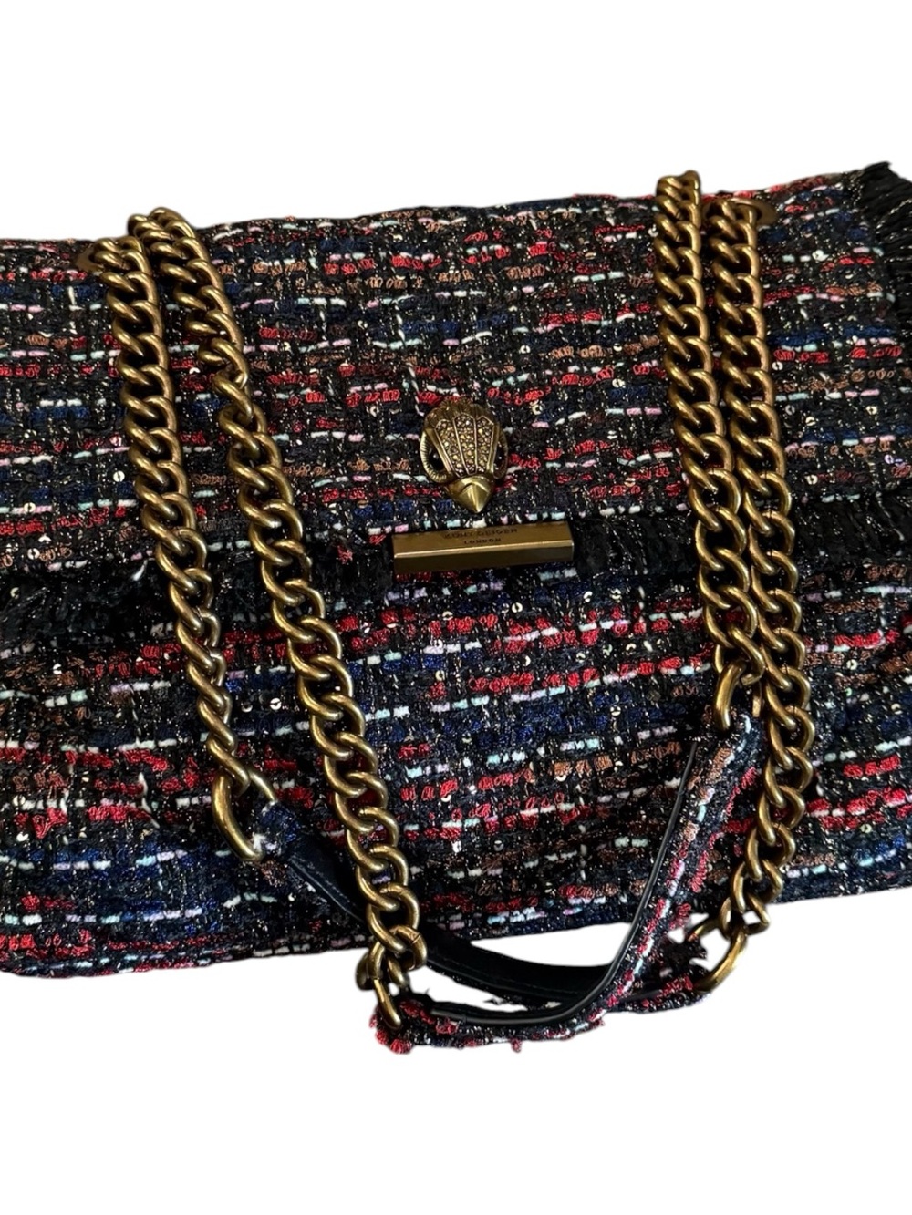 Kurt Geiger Woven Tweed Shoulder Bag with Gold Chain - Black & Red - Picture 3 of 7